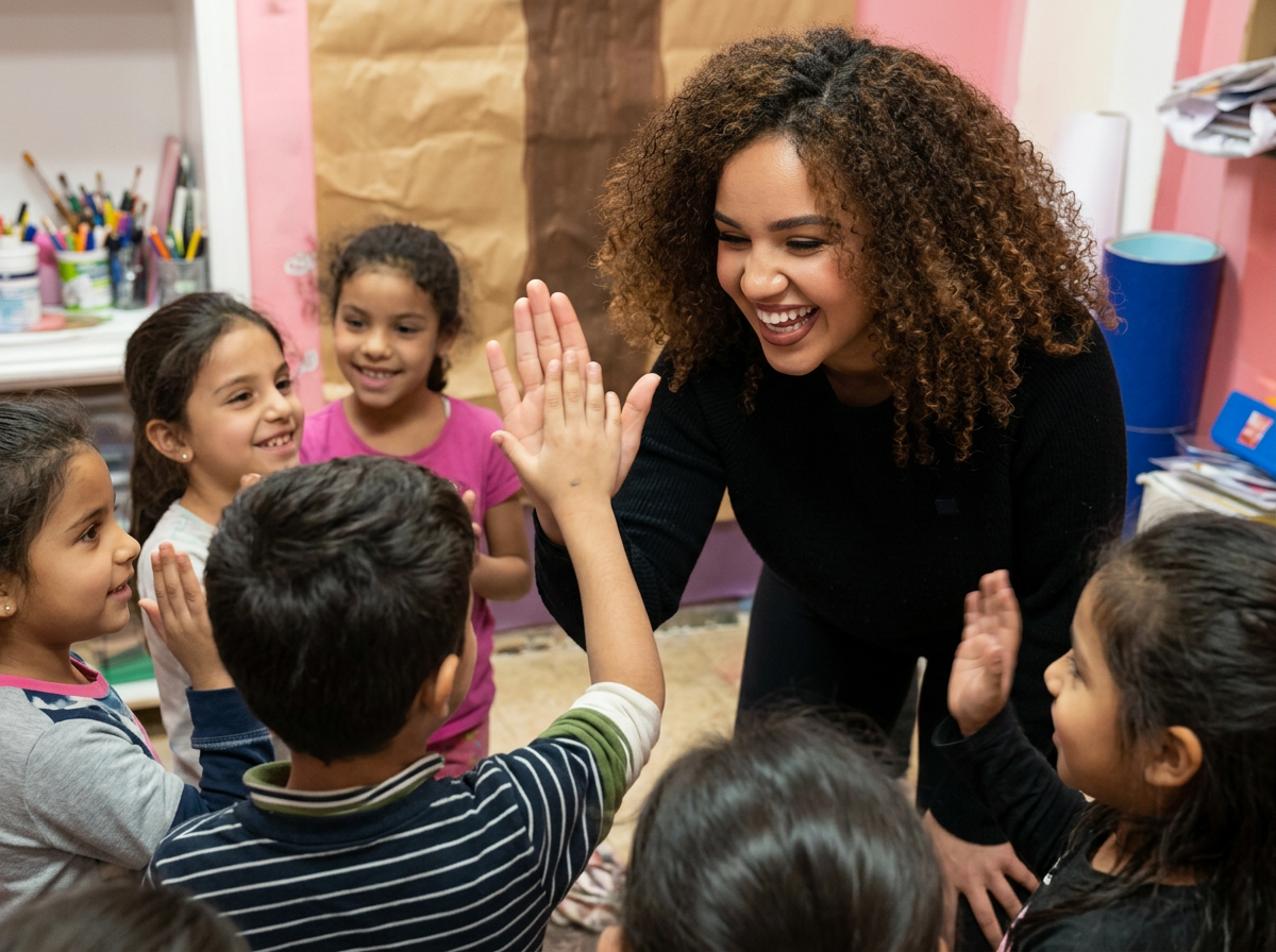 Maryam Bellakbira giving high-fives to children in a classroom setting